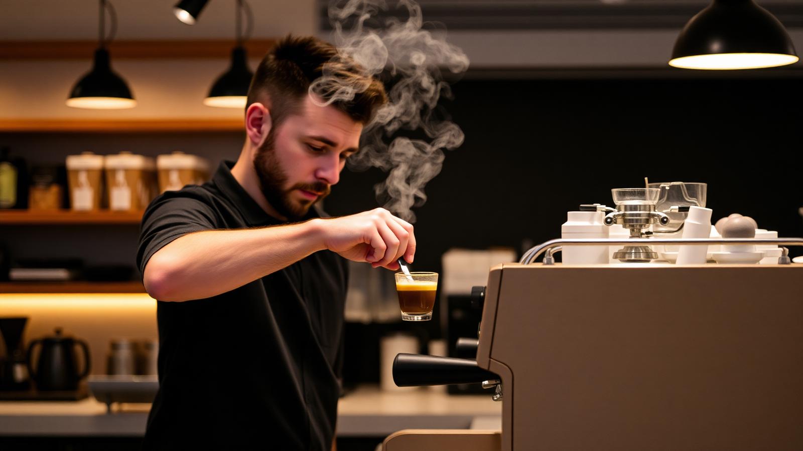 Barista pulling an espresso shot on commercial espresso equipment served by treated water