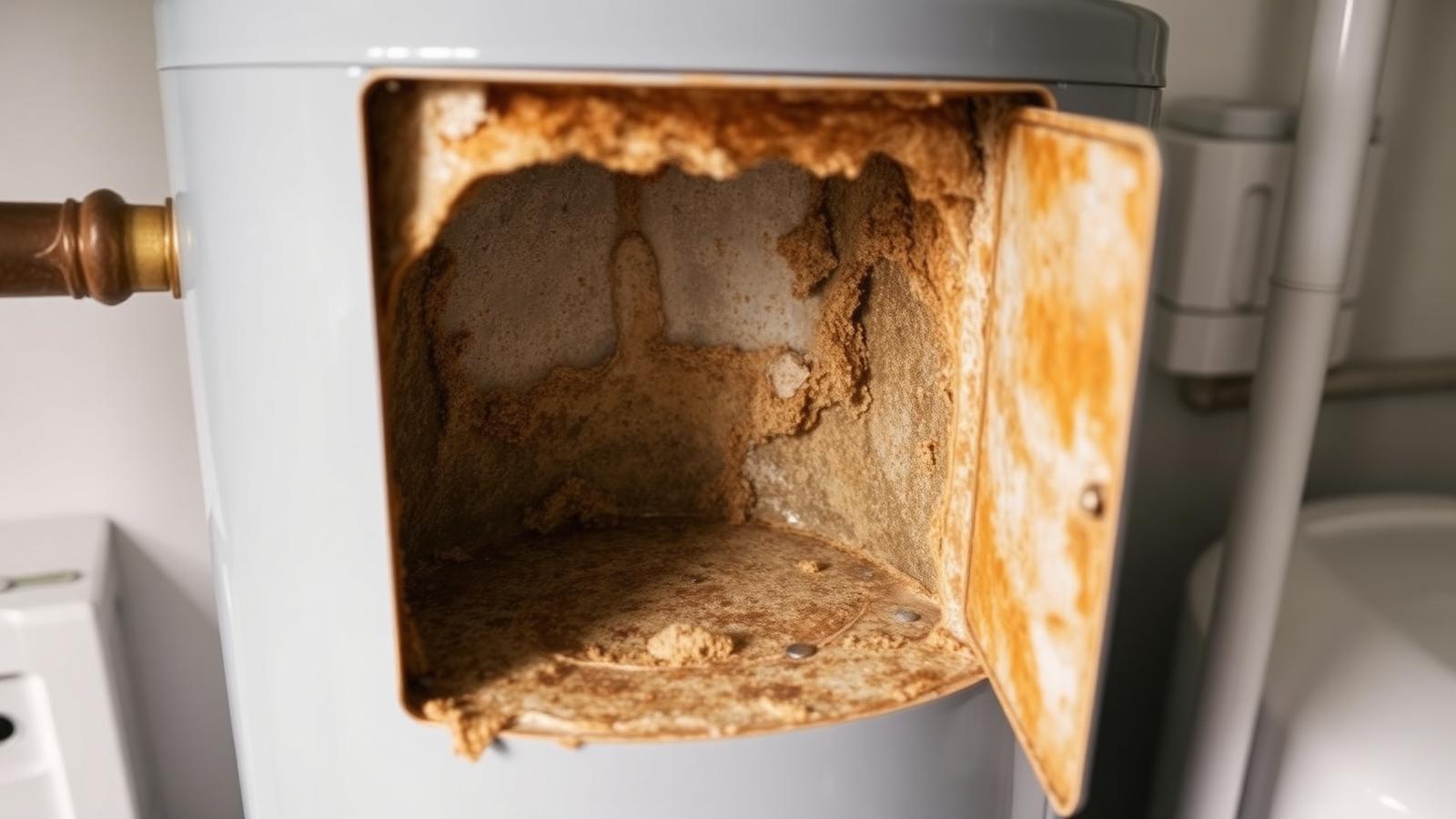 Water heater interior showing heavy scale buildup from hard water in Sioux Falls