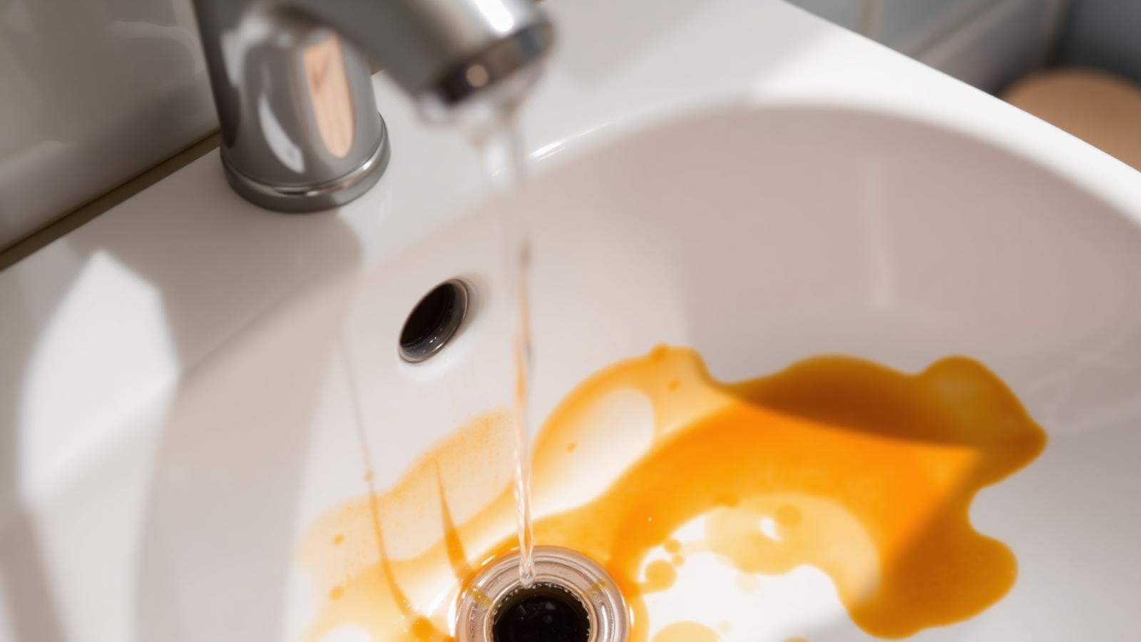Orange iron staining in a white porcelain sink from well water in South Dakota