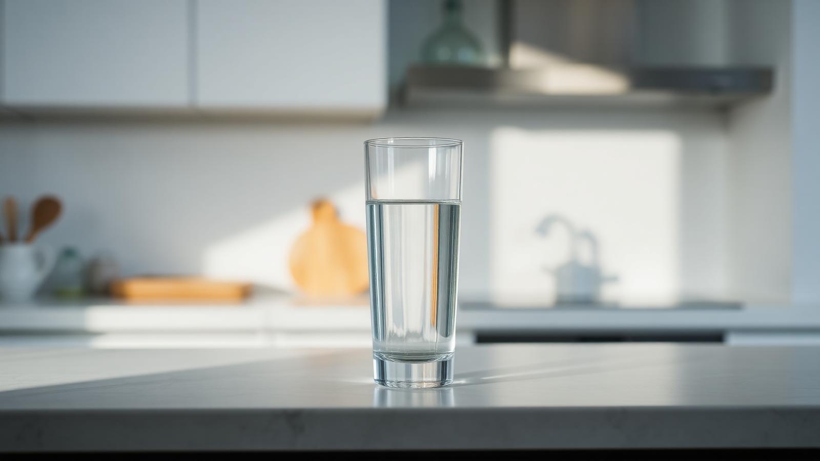 Clean glass of drinking water on a kitchen counter representing PFAS-free water