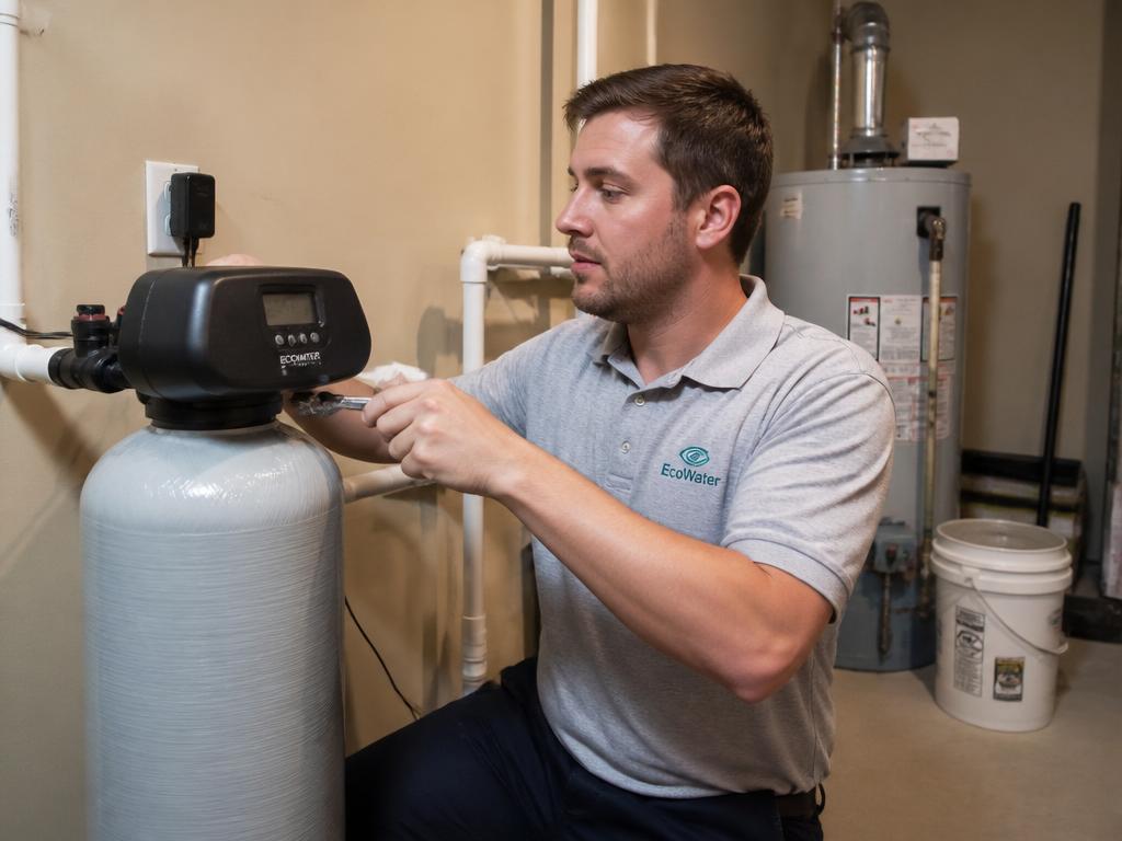 Sioux Falls EcoWater technician servicing a water softener in a home