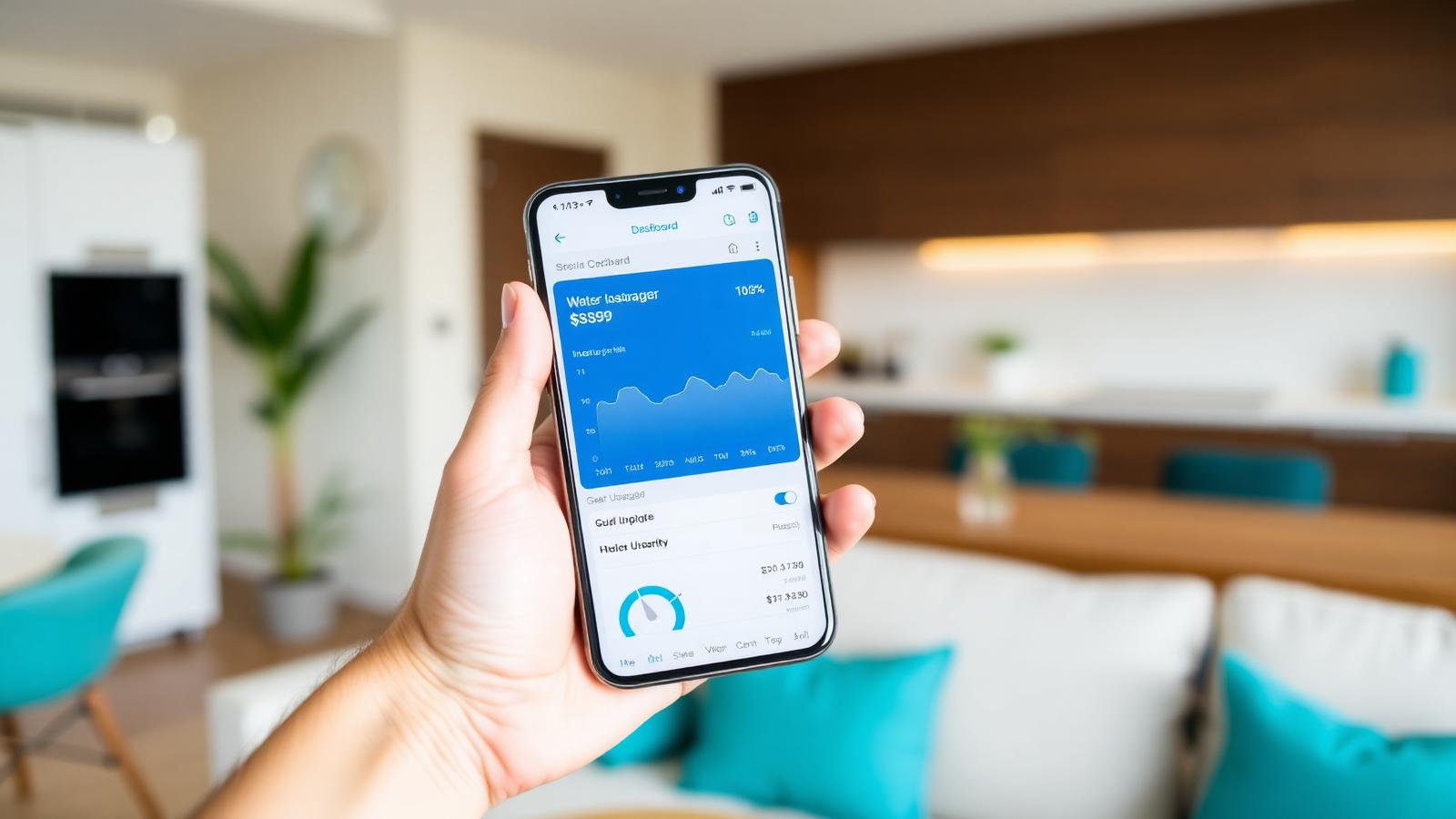 Smartphone showing HydroLink water softener monitoring dashboard in a modern home