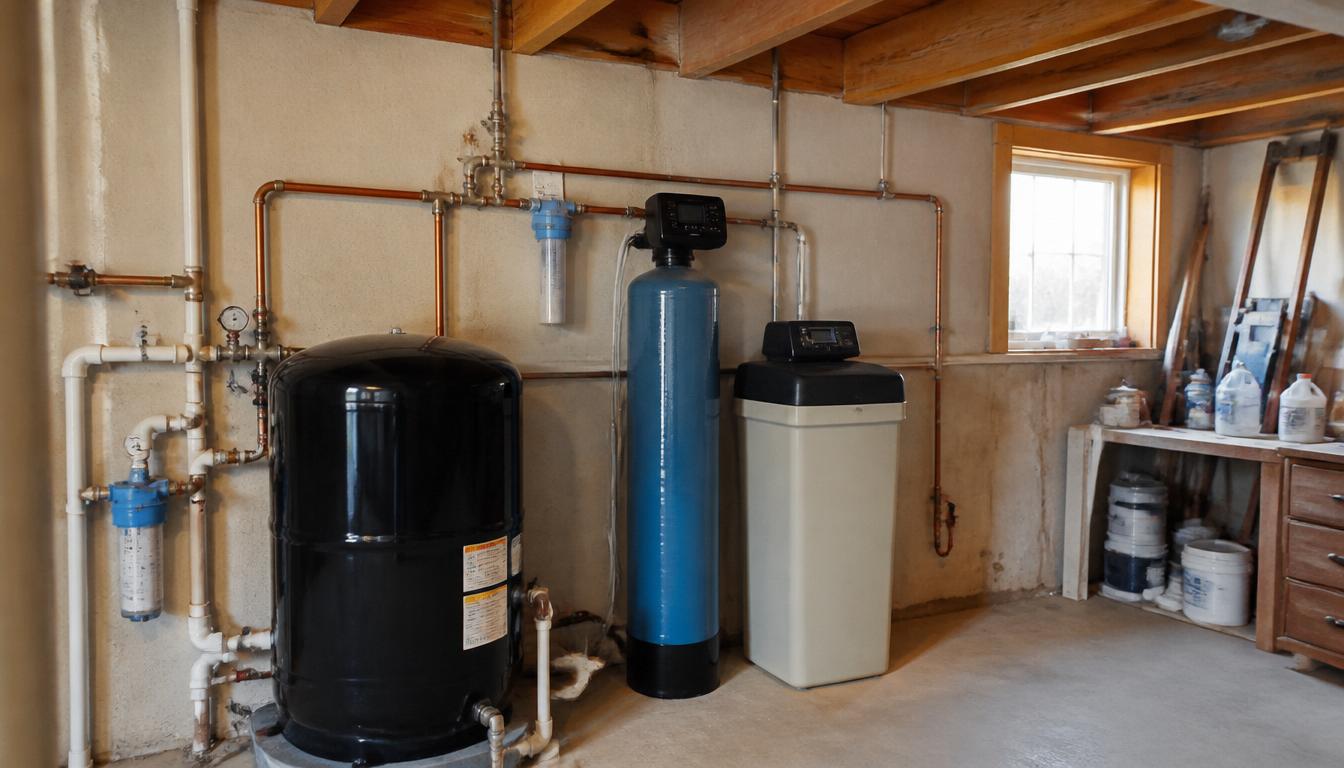 Modern residential well water treatment system in a South Dakota pump house
